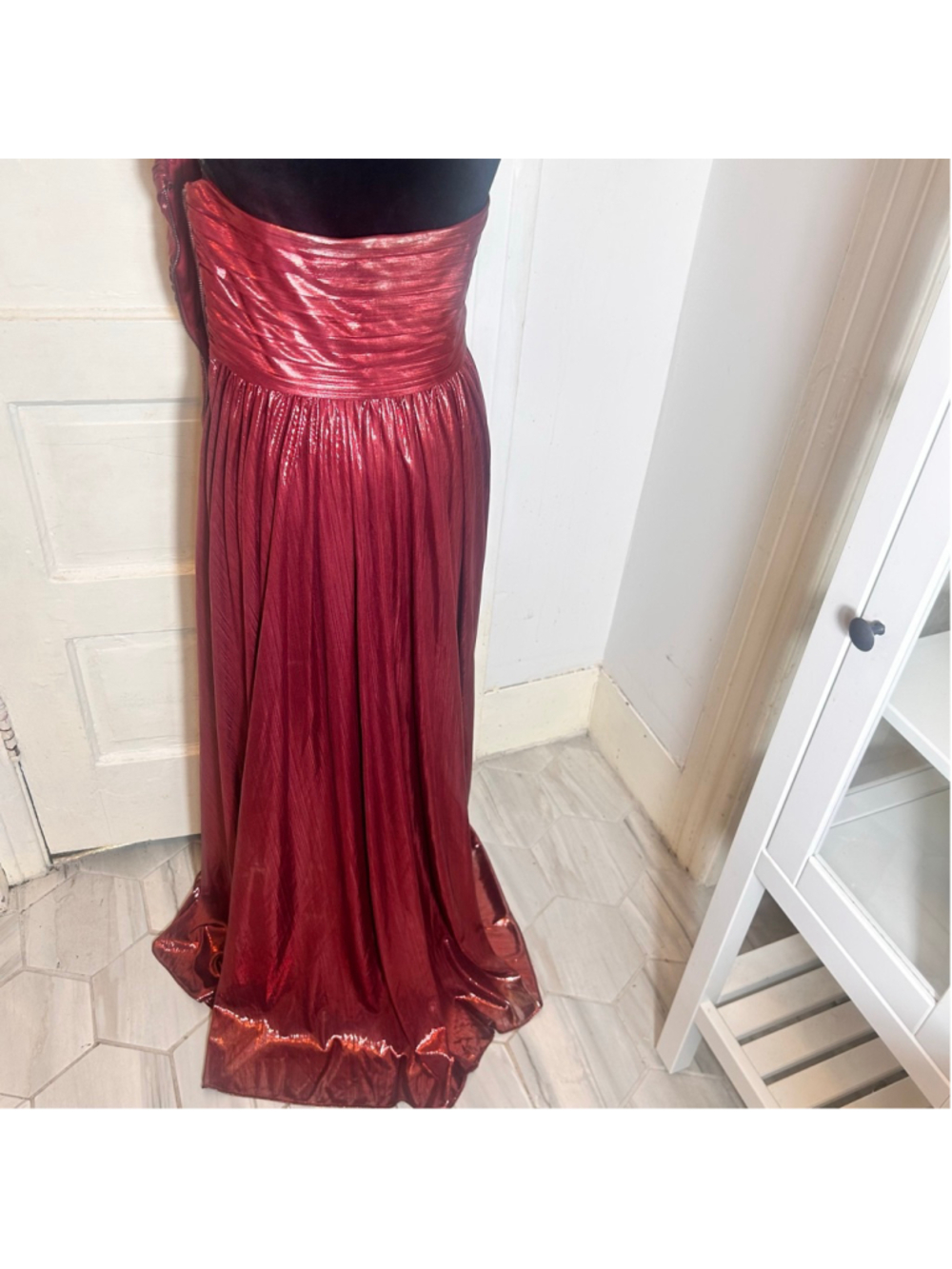 Women's Retrofete Red Metallic Ruched Strapless Maxi Dress Gown Disco Ethereal - Picture 7 of 9